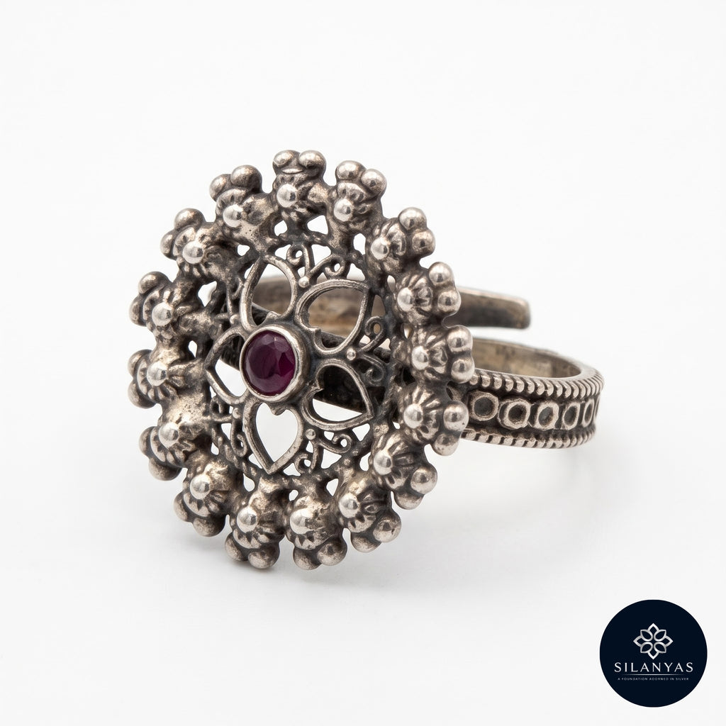 Ruby Bloom 925 Sterling Silver Adjustable Ring - Tribal Collection