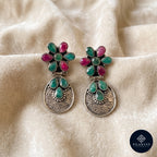 Emerald & Ruby Floral Drop 925 Sterling Silver Tribal Earrings - Heritage Garden Collection