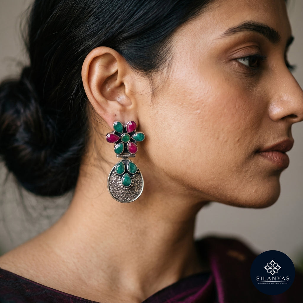 Emerald & Ruby Floral Drop 925 Sterling Silver Tribal Earrings - Heritage Garden Collection
