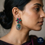 Emerald & Ruby Floral Drop 925 Sterling Silver Tribal Earrings - Heritage Garden Collection