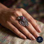 Peacock Motif&nbsp; 925 Sterling Silver Adjustable Statement Ring - Tribal Collection