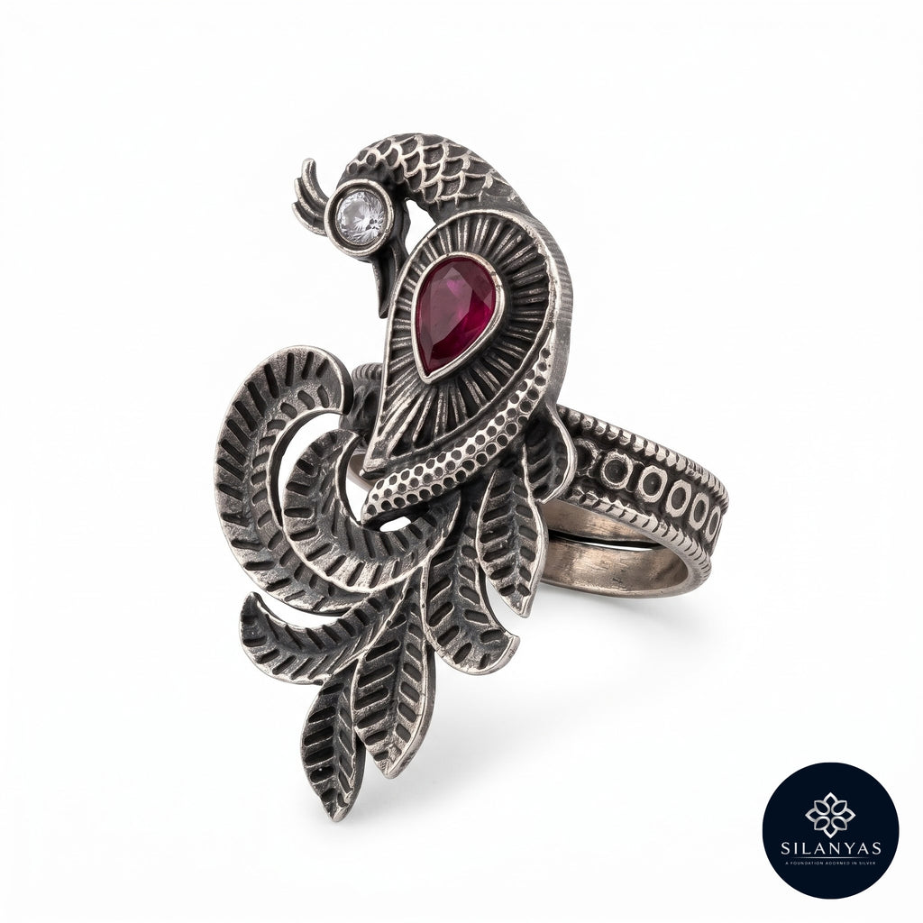 Peacock Motif&nbsp; 925 Sterling Silver Adjustable Statement Ring - Tribal Collection