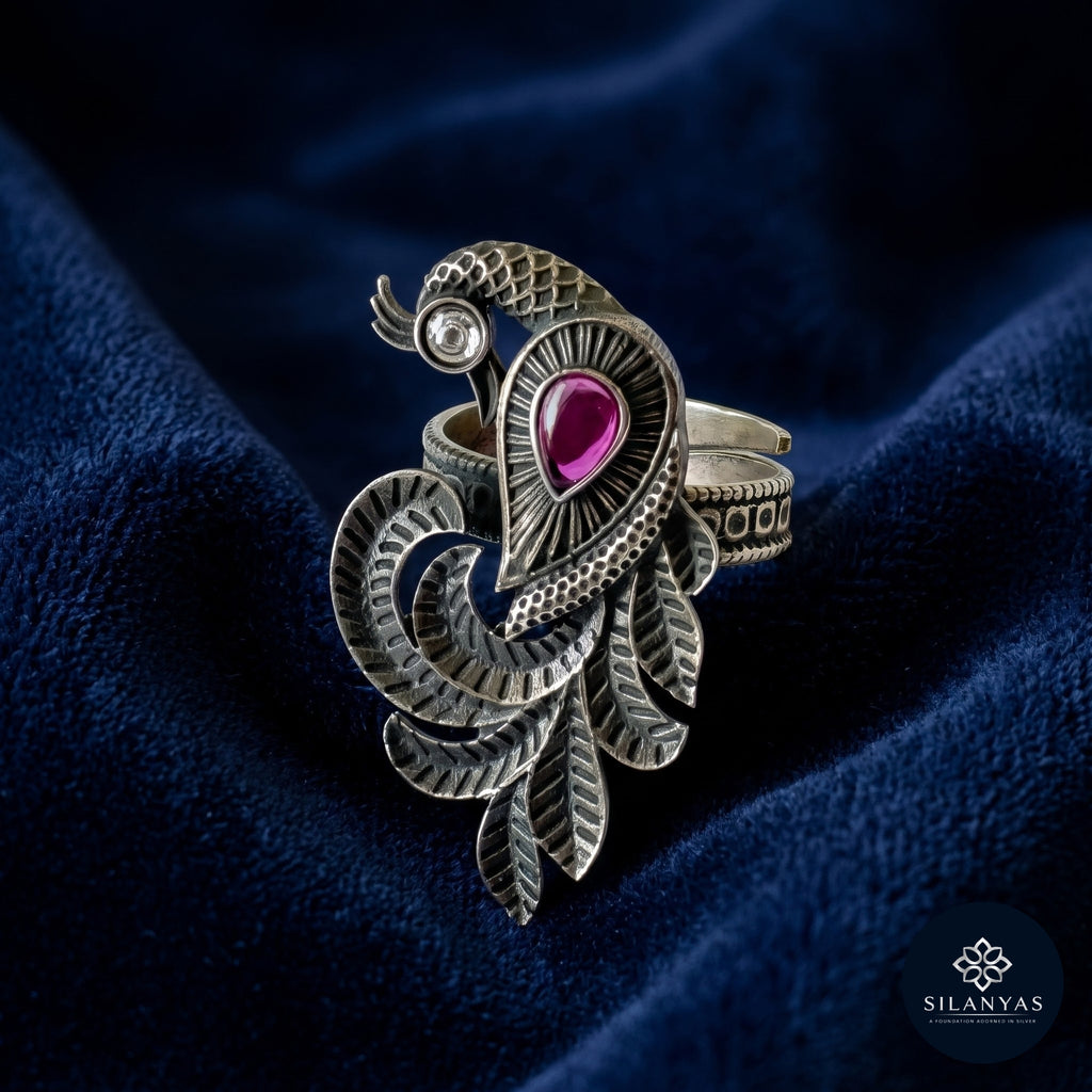 Peacock Motif&nbsp; 925 Sterling Silver Adjustable Statement Ring - Tribal Collection