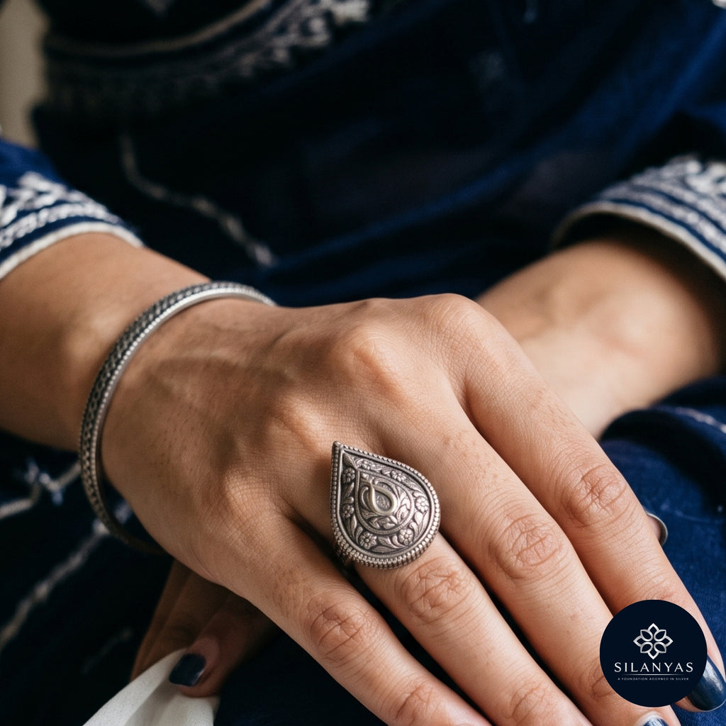 Teardrop Filigree Ring - 925 Silver Oxidised - Tribal Heritage Collection