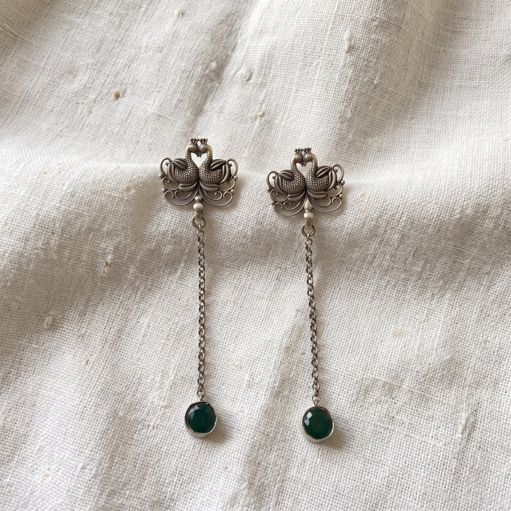 Twin Peacock 925 Sterling Silver Tribal Chain-Drop Earrings -  Tribal Collection