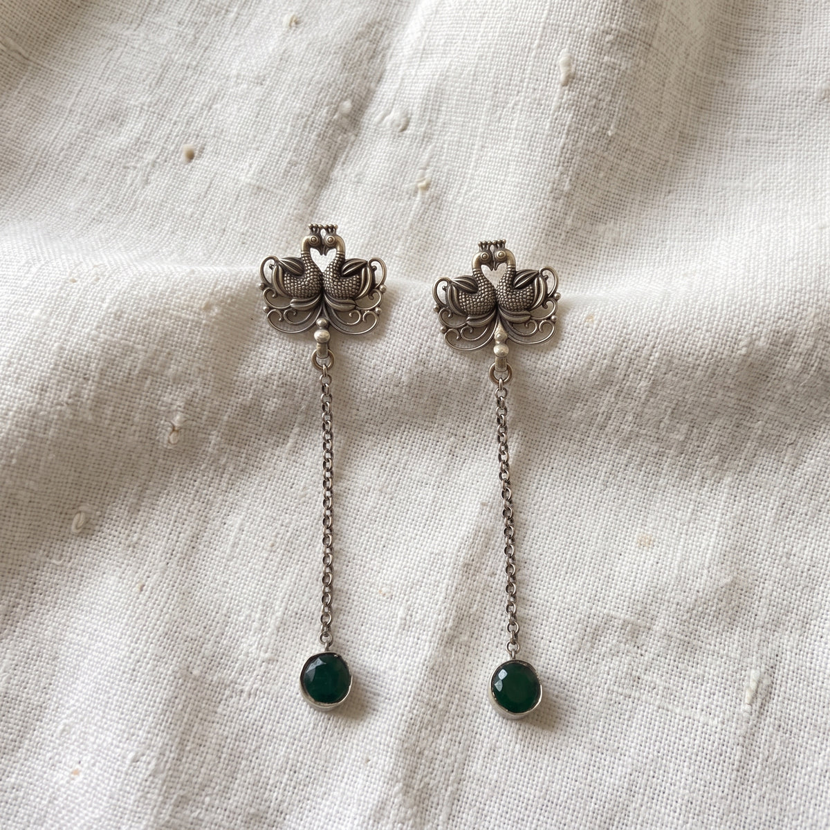 Twin Peacock 925 Sterling Silver Tribal Chain-Drop Earrings -  Tribal Collection