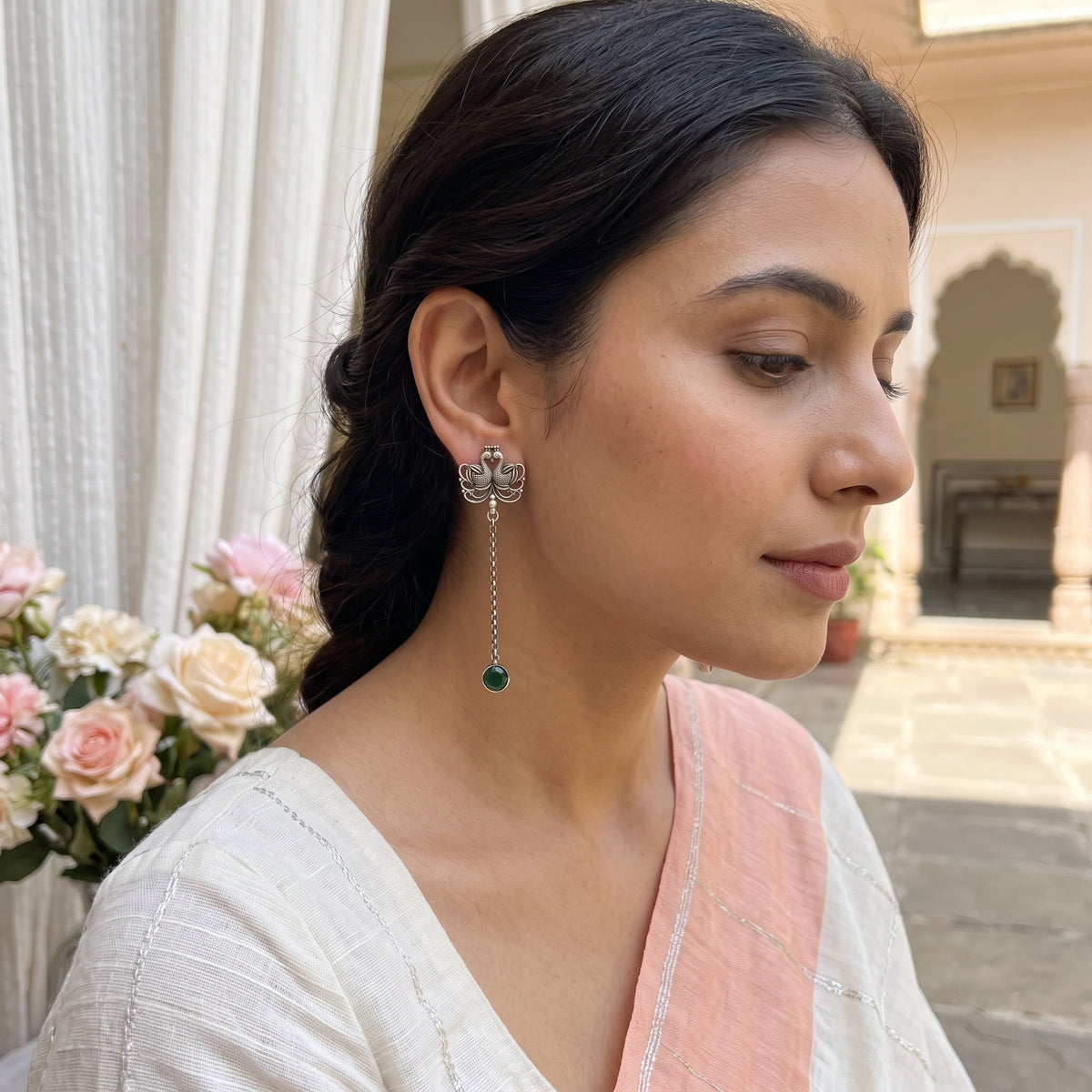 Twin Peacock 925 Sterling Silver Tribal Chain-Drop Earrings -  Tribal Collection