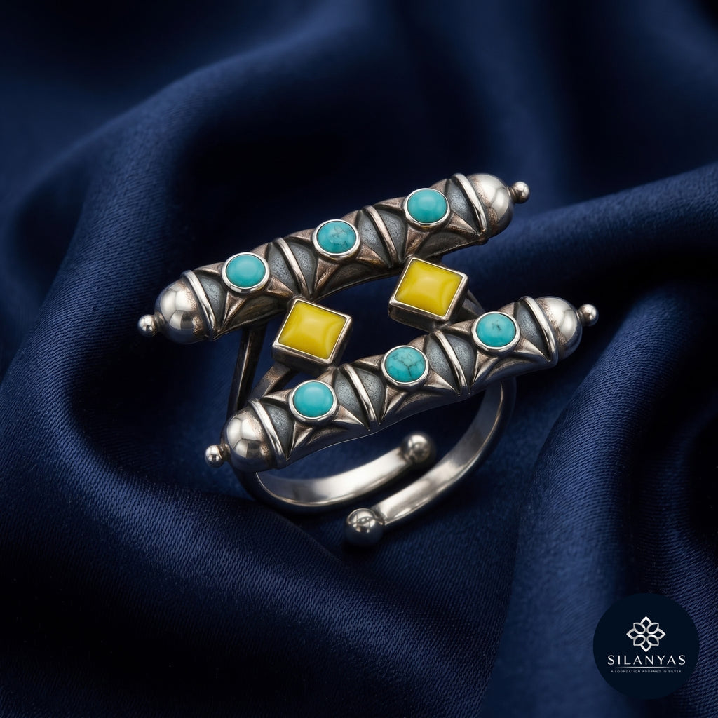 Turquoise & Mustard Geometric 925 Sterling Silver Adjustable Ring - Tribal Collection