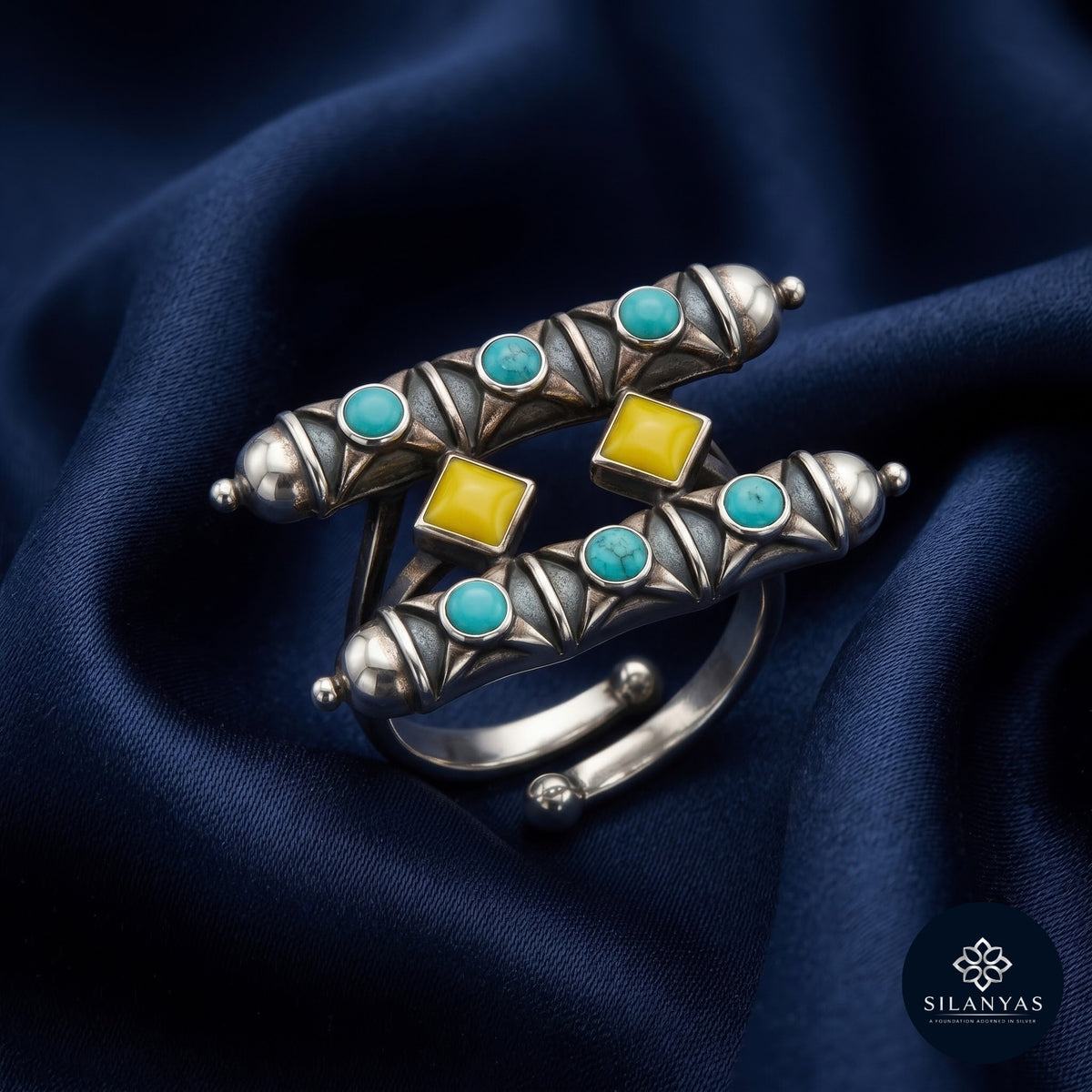 Turquoise & Mustard Geometric 925 Sterling Silver Adjustable Ring - Tribal Collection