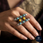 Turquoise & Mustard Geometric 925 Sterling Silver Adjustable Ring - Tribal Collection