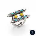Turquoise & Mustard Geometric 925 Sterling Silver Adjustable Ring - Tribal Collection