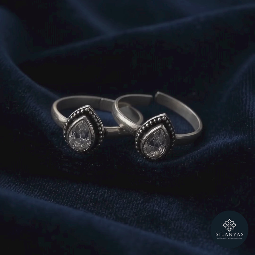 Crystal Teardrop CZ Adjustable Toe Rings in 925 Sterling Silver - Rajsi Collection