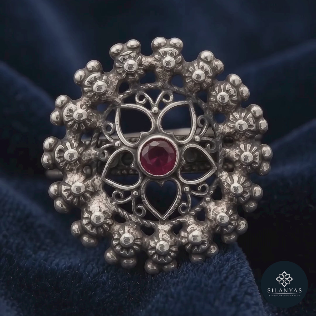 Ruby Bloom 925 Sterling Silver Adjustable Ring - Tribal Collection