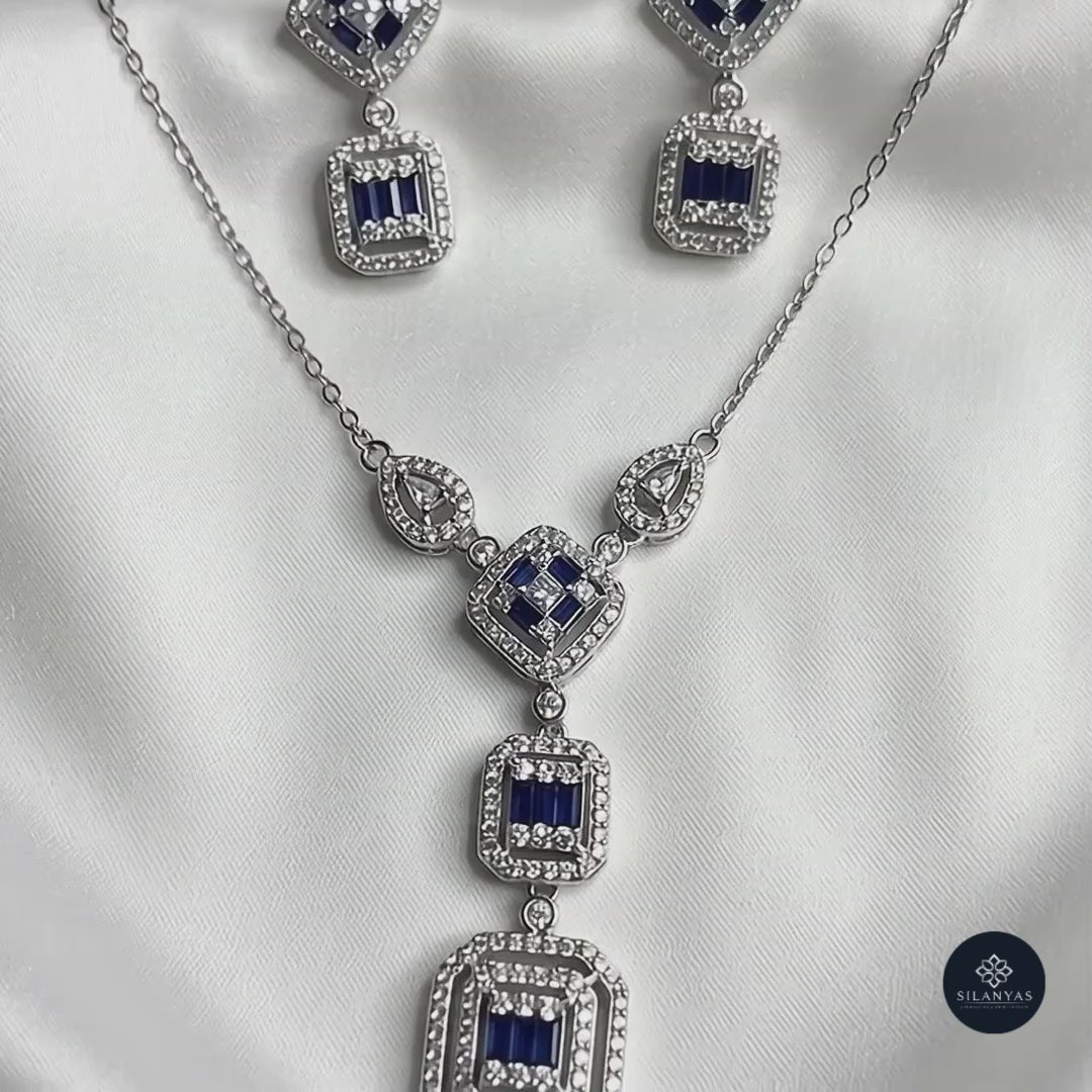 Sapphire Geometry CZ Necklace Set 925 Sterling Silver - Ratna Aabha Collection