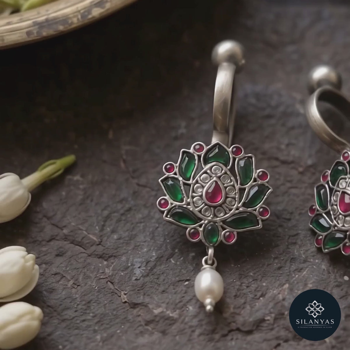 Emerald & Ruby Kundan 925 Sterling Silver Non-Piercing Bugadi Earrings- Heritage Kundan Bugadi Collection