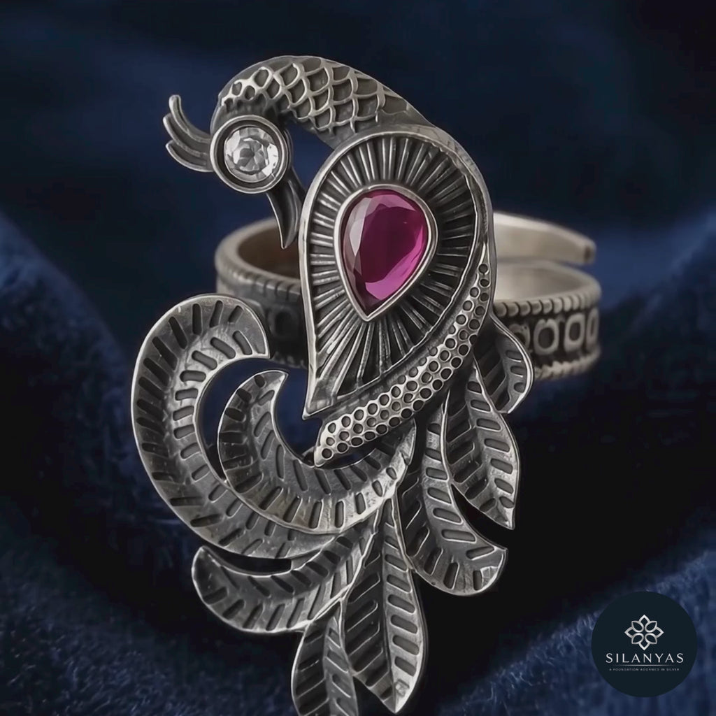 Peacock Motif&nbsp; 925 Sterling Silver Adjustable Statement Ring - Tribal Collection