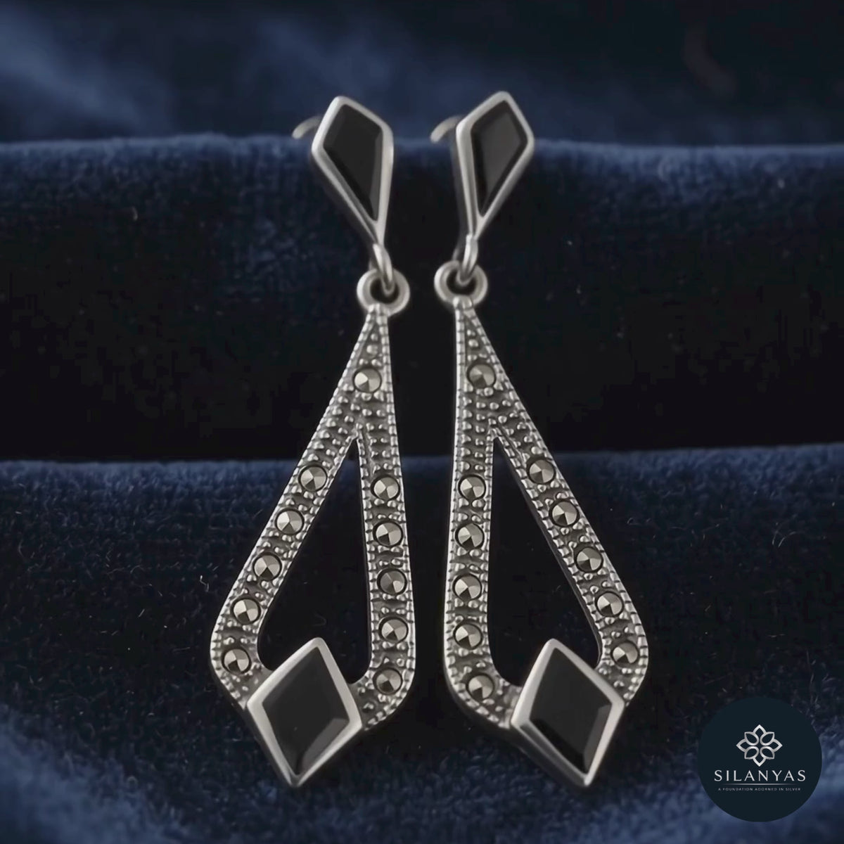 Black Onyx & Marcasite 925 Sterling Silver Drop Earrings – Classic Vintage Collection