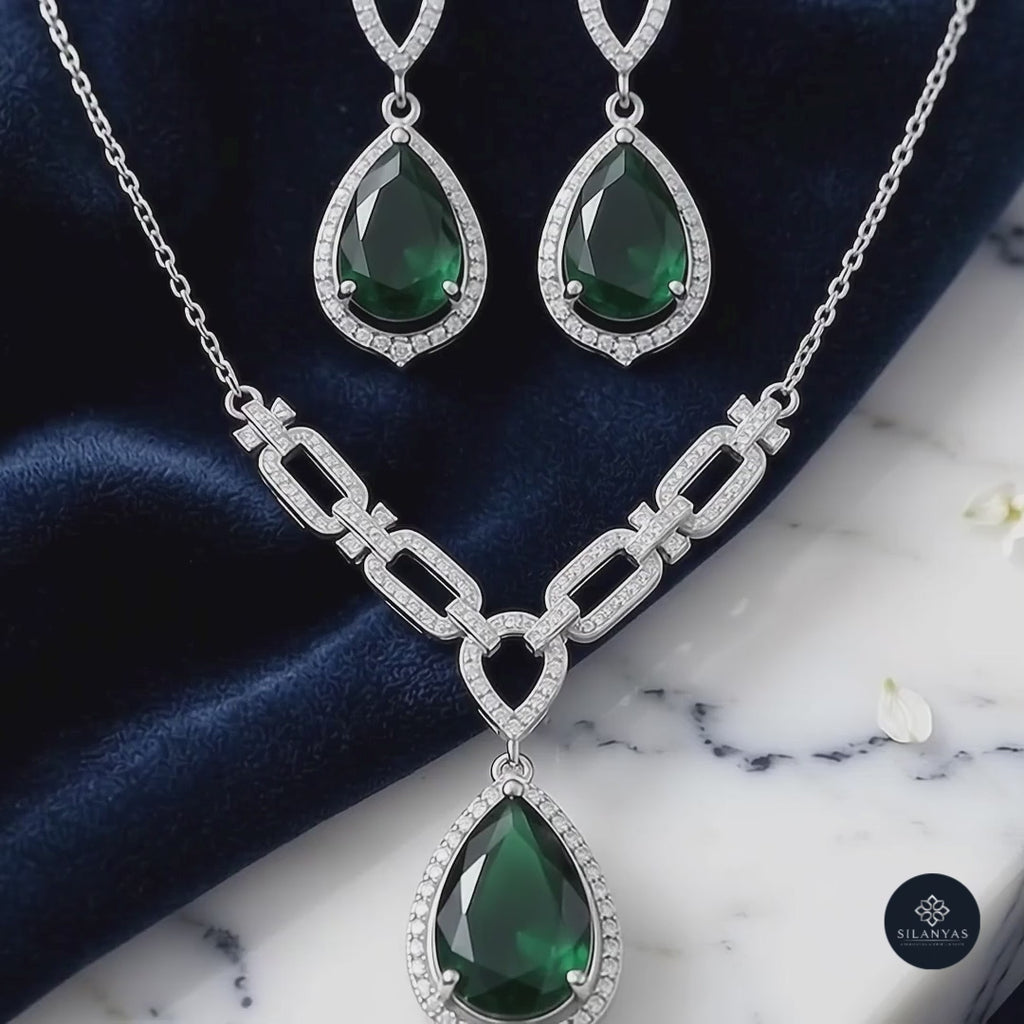 Emerald Grace Teardrop Necklace Set 925 Sterling Silver - Ratna Aabha Colection
