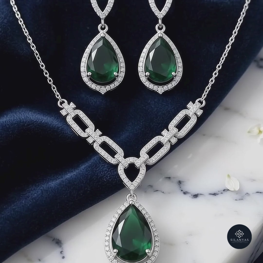 Emerald Grace Teardrop Necklace Set 925 Sterling Silver - Ratna Aabha Colection