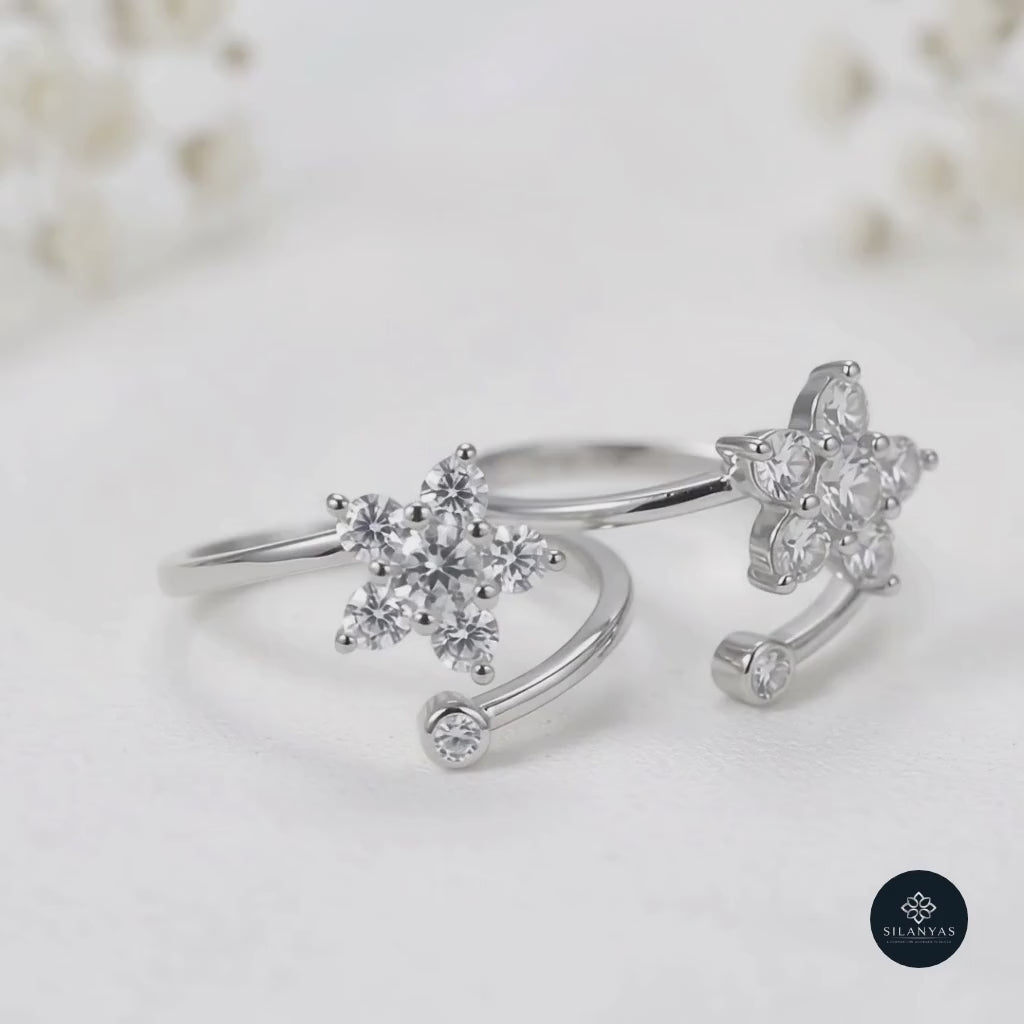 Floral Sparkle 925 Silver Rhodium-Plated CZ Toe Rings - Celestial Bloom Collection