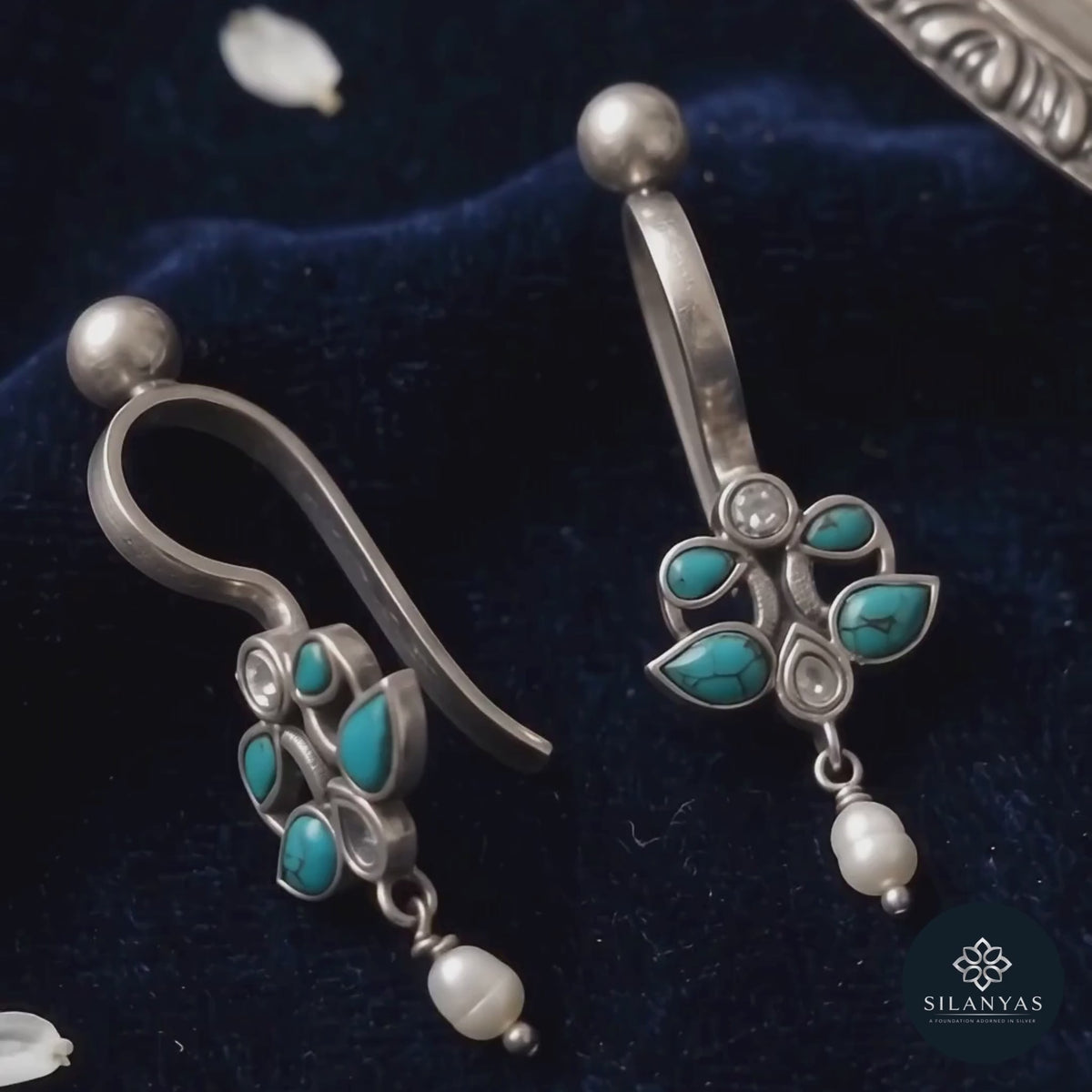 Turquoise Bloom Kundan 925 Sterling Silver Non-Piercing Bugadi Earrings - Heritage Kundan Bugadi Collection
