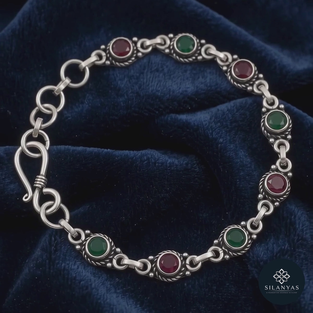 Cutstone 925 Silver Oxidised Multicolour Round Gemstone Bracelet - Cutstone Collection