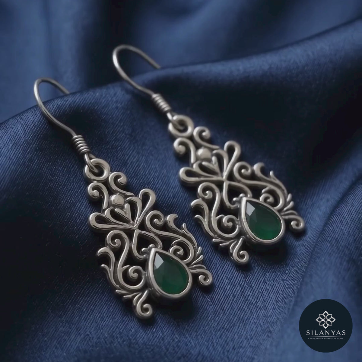 Emerald Filigree 925 Sterling Silver Tribal Drop Earrings -  Tribal Collection