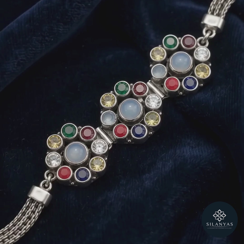 Navratna 925 Silver Navratna Gemstone Oxidised Bracelet - Navratna Collection