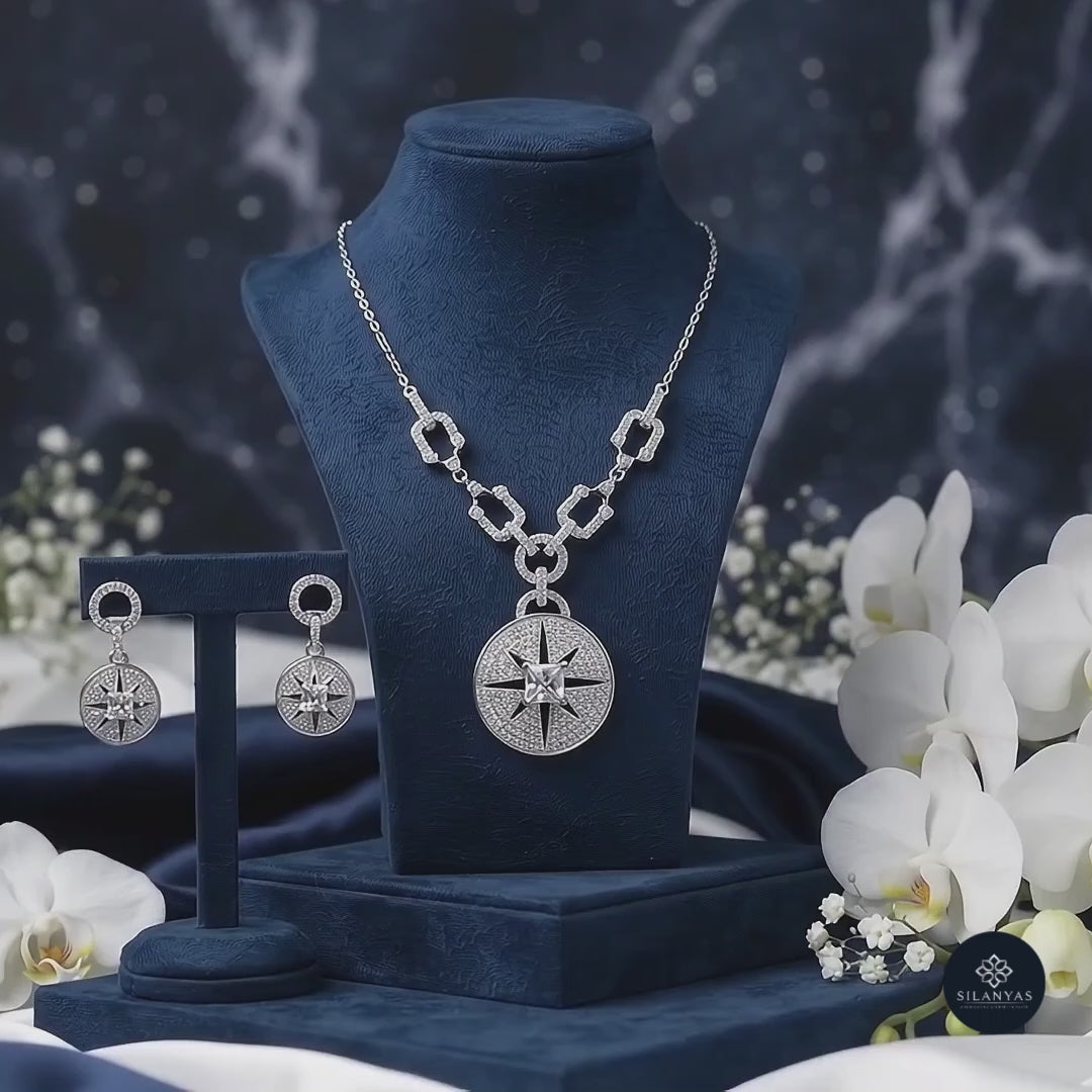 Celestial Compass CZ Necklace Set 925 Sterling Silver - Ratna Aabha Colection