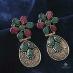 Emerald & Ruby Floral Drop 925 Sterling Silver Tribal Earrings - Heritage Garden Collection